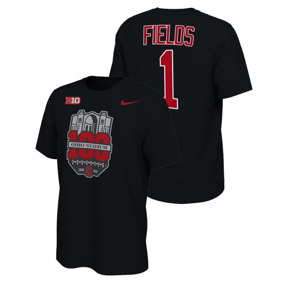 Ohio State Buckeyes Men's NCAA Justin Fields #1 Black 100th Year Stadium Anniversary Big10 MVP College Football T-Shirt EJB7549QA
